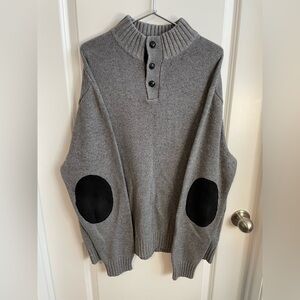 Chaps Gray Pullover Quarter Button Sweater with Black Elbow Patches